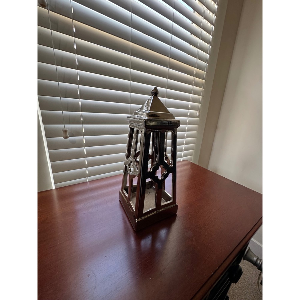 Silver Ceramic Decorative Lantern Geometric Cutout Metallic Candle Holder 12in